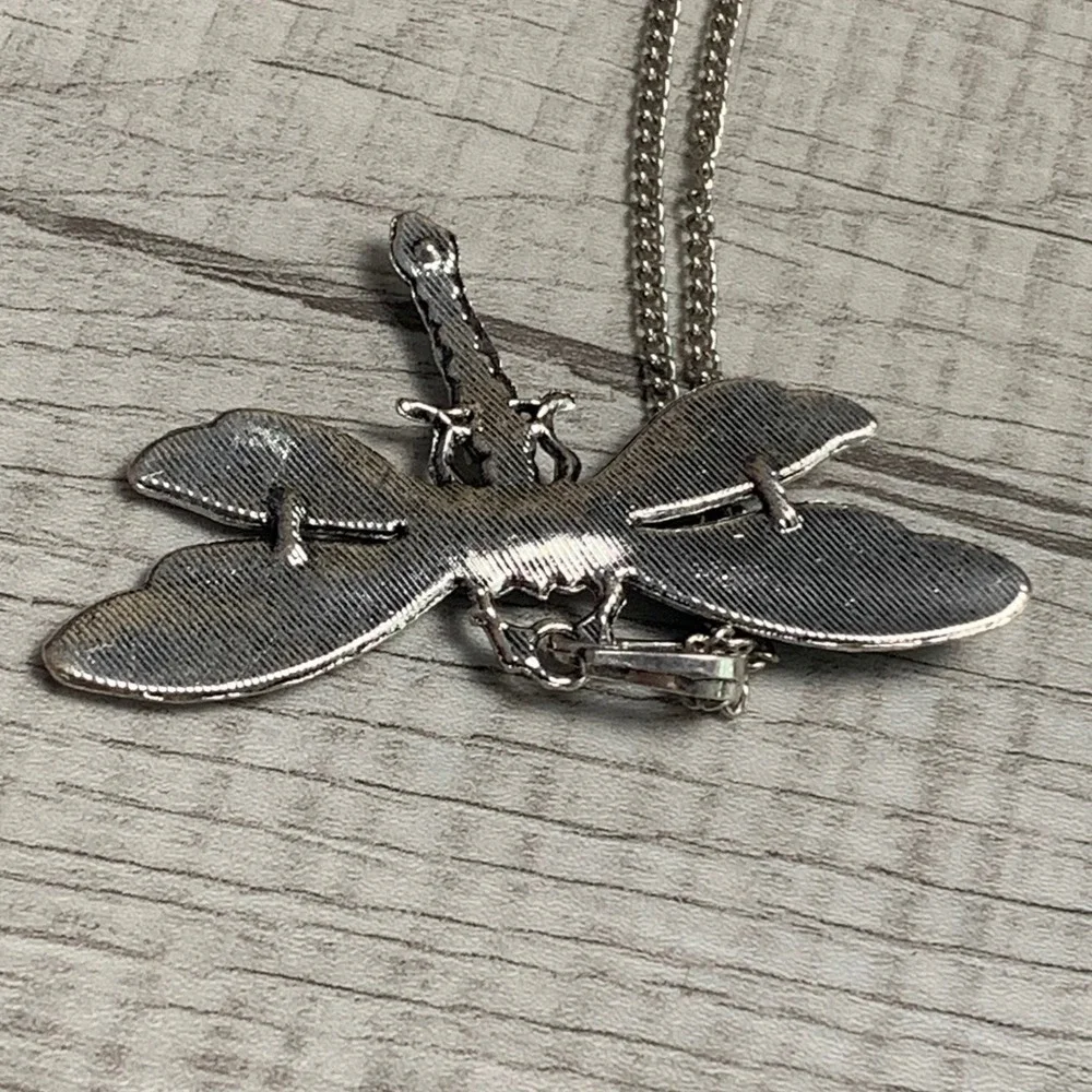 Silver Tone Dragonfly Pendant Necklace Black White Enamel Rhinestone 36 Inch